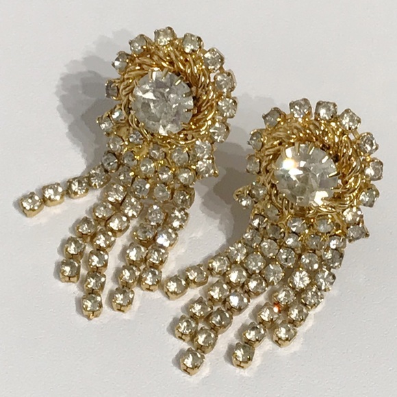 Vintage Best in Show Blue Ribbon Clear Rhinestone Chandelier Clip On Earrings - Picture 7 of 15